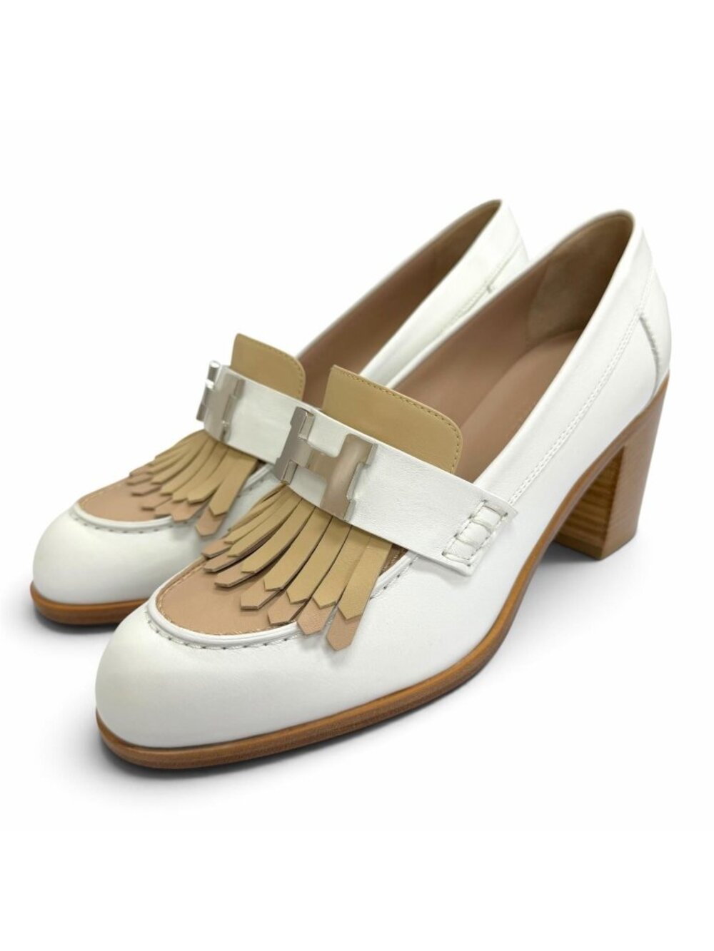 Hermes Elysee 70 Constance Silver Leather Pumps Chunky Heel White